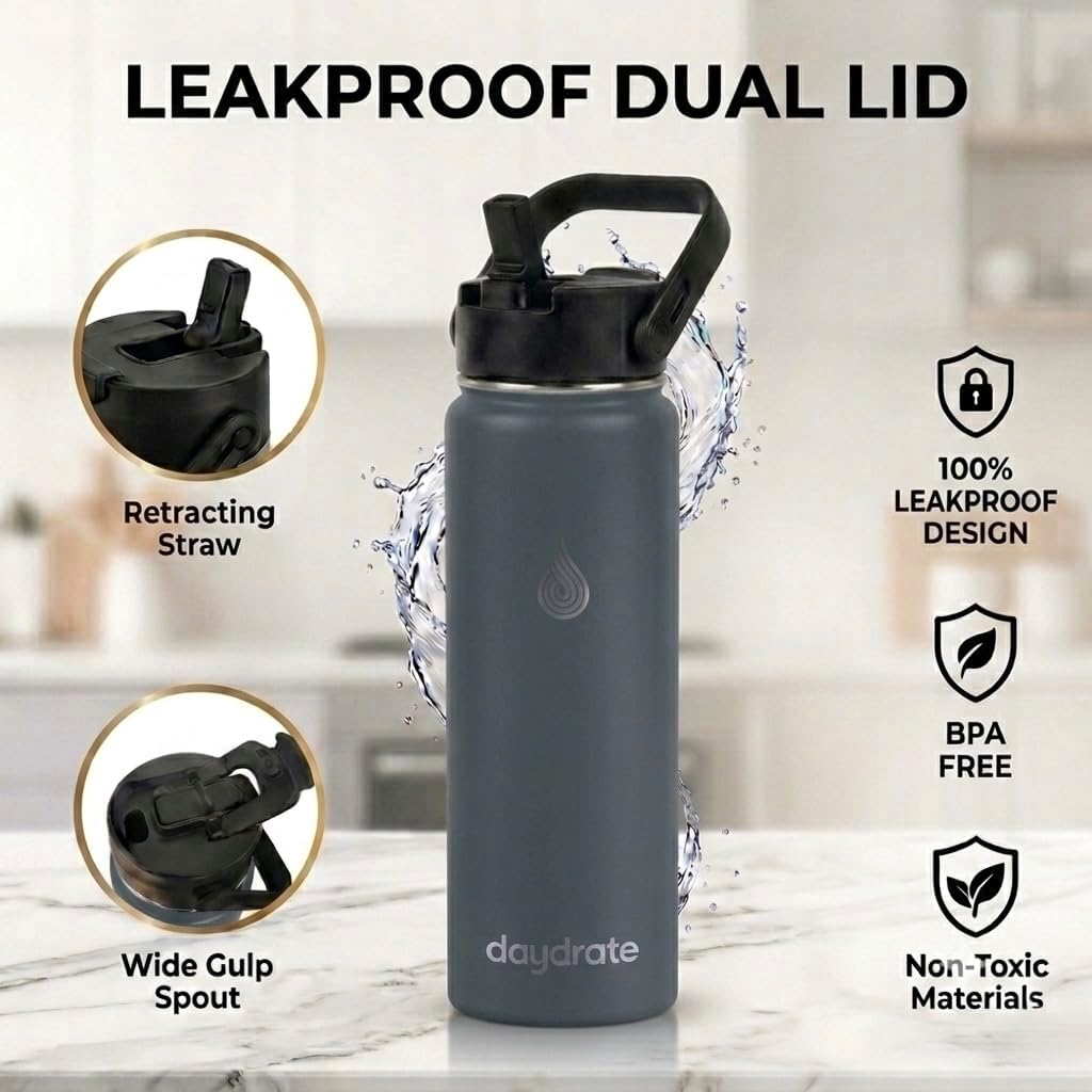 Detalle de Daydrate 750ml Insulated Stainless Steel Water Bottle with Dual Lid – Grey
