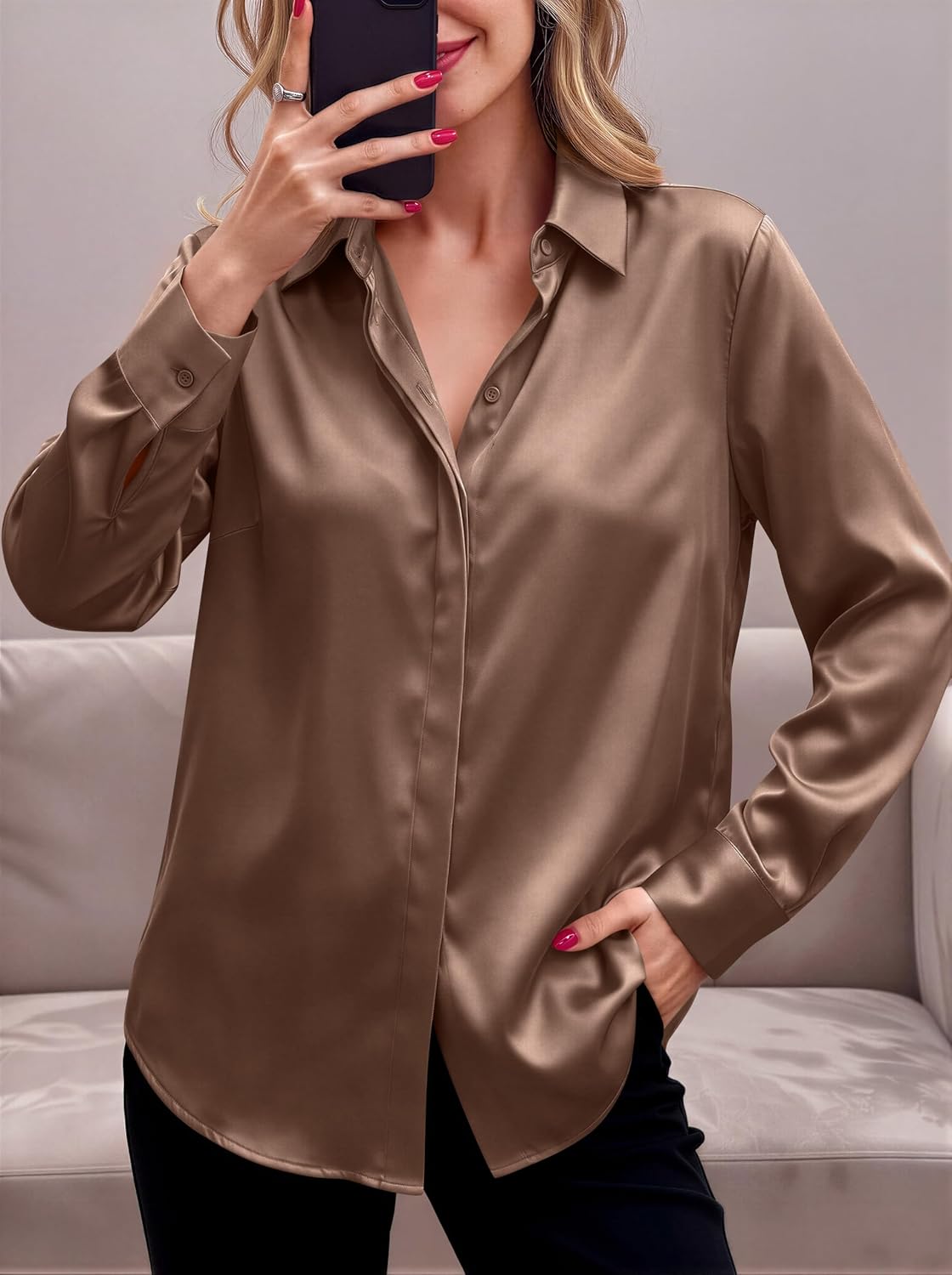 Thumbnail 4 de Zeagoo Satin Blouses for Women: Casual Long Sleeve Silk-Feel Button-Down Top