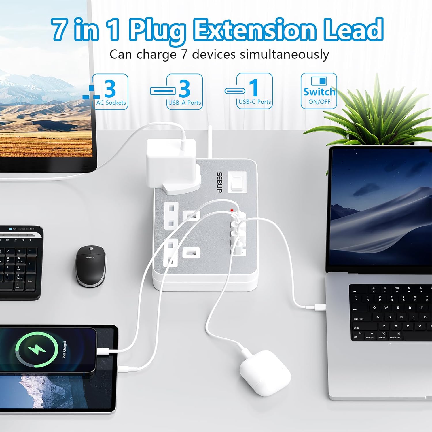 Thumbnail 1 de Extension Lead with 4 USB Slots, 3-Way Plug Extension Socket, 3m Extension Cable – Grey