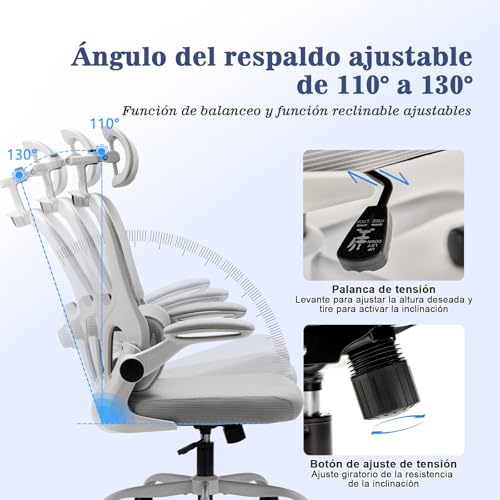 Detalle 2 de Magic Life: Silla de Oficina Ergonómica con Respaldo de Malla y Soporte Lumbar Ajustable – Blanco