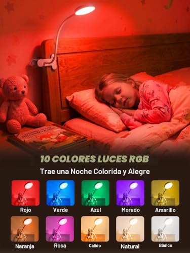 Detalle de Lámpara de Escritorio con Pinza ReinHoo: 72 LEDs, 10 colores RGB y 10 intensidades