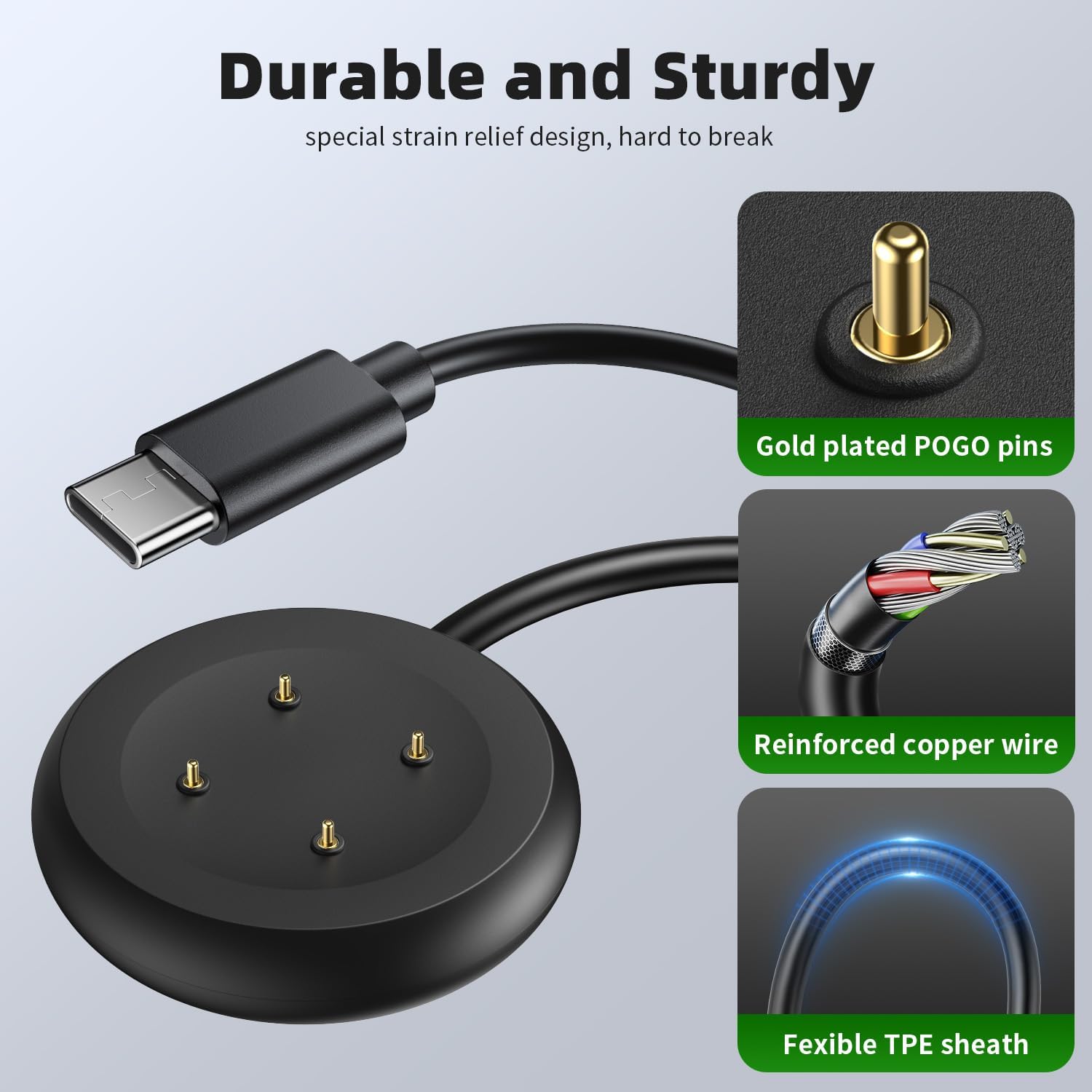 Detalle de USB-C Magnetic Charging Cable for Google Pixel Watch 2/3 & Fitbit Versa 3/4 (3.3ft/1m) – 2 Pack