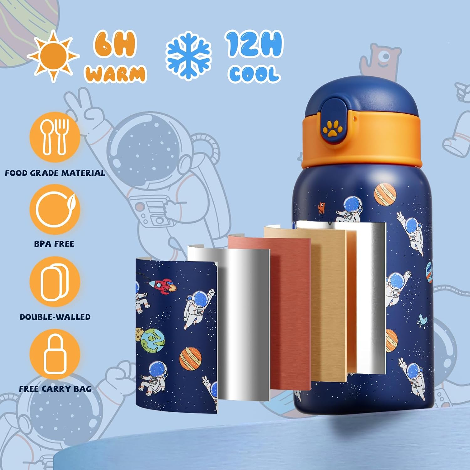 Detalle de Autsel 500ml Borraccia per Bambini con Cannuccia in Acciaio Inox 304, Doppia Parete, Senza BPA