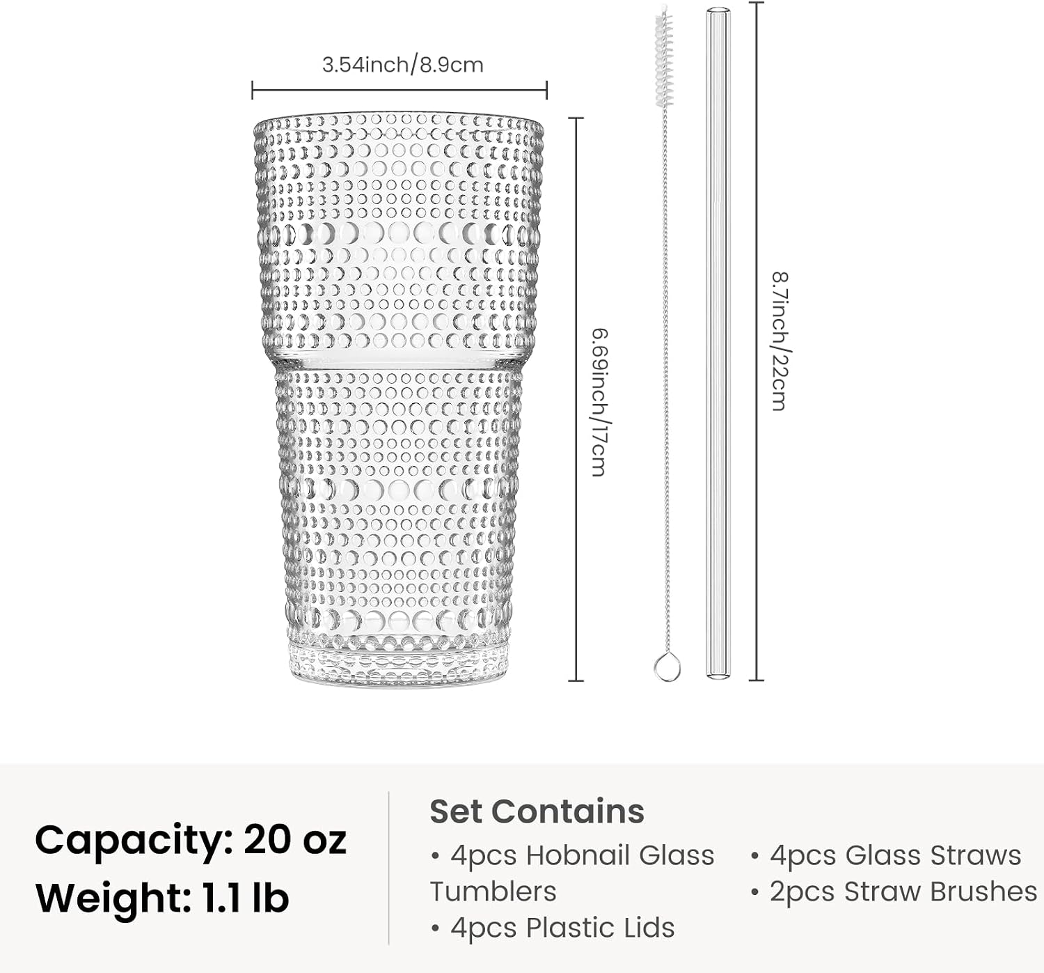 Detalle 2 de INSETLAN 20oz Hobnail Glass Cups with Lids and Glass Straws — 4 Pieces