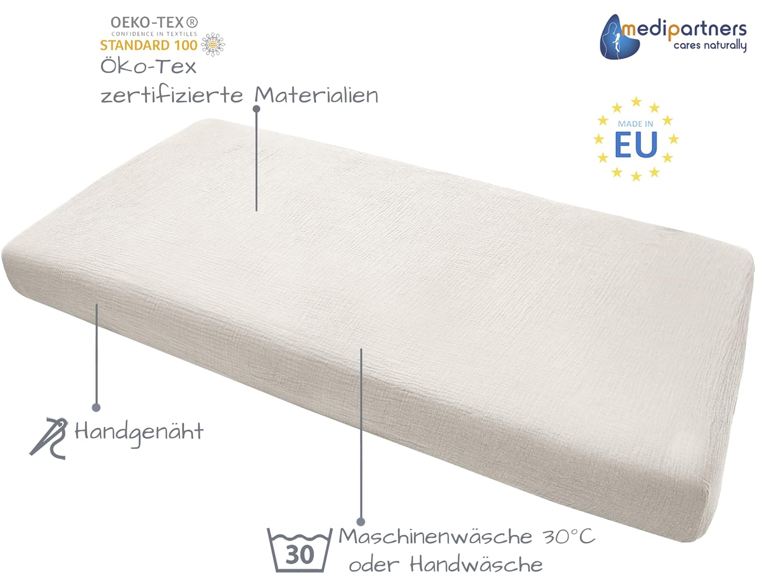 Detalle de Medi Partners Spannbettlaken Musselin 60x120 – 100% Baumwolle, atmungsaktiv und passgenau