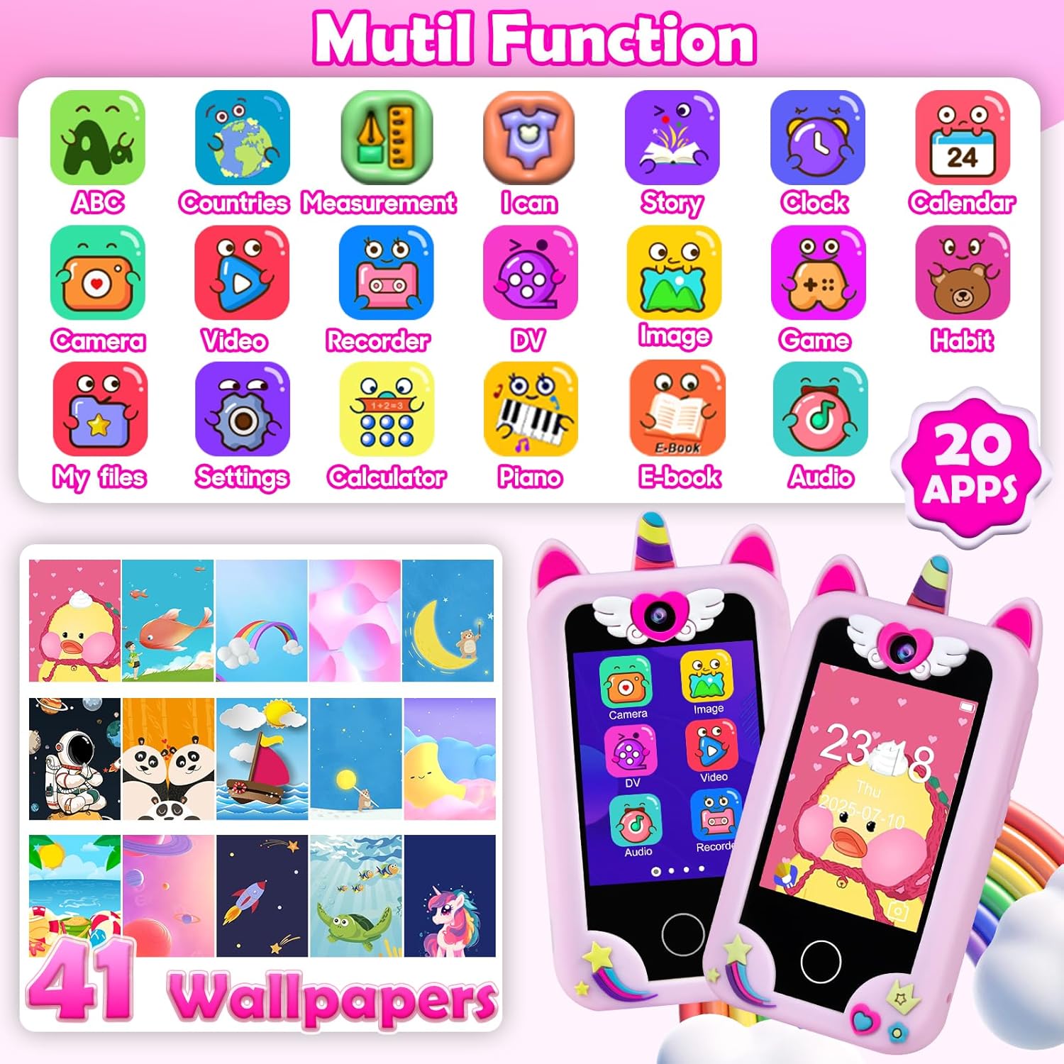 Detalle 2 de Elecoutek Kids Smart Phone for Girls: Unicorn toy phone for 3–10 year olds (Pink)
