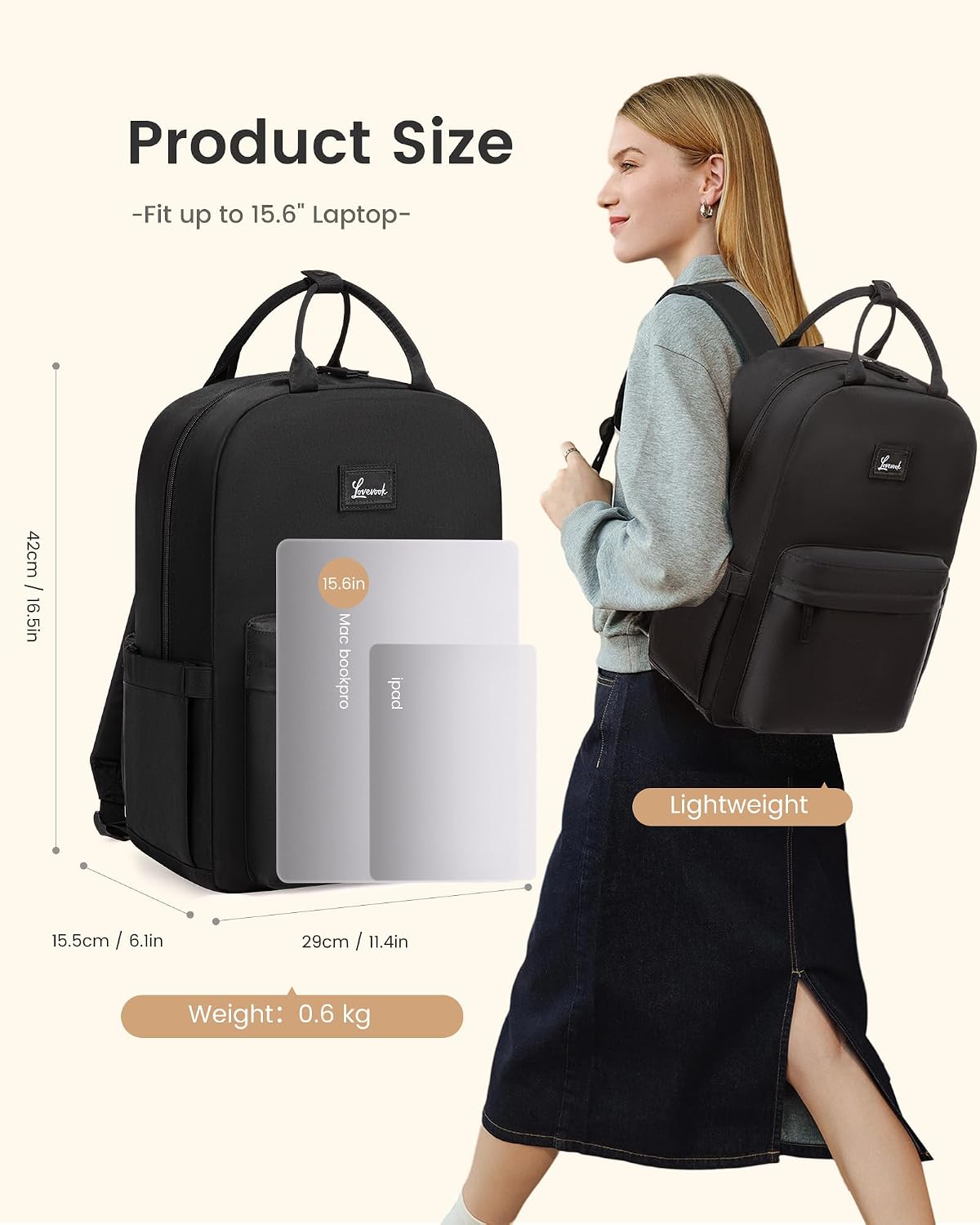 Detalle 2 de LOVEVOOK Rucksack Damen 15,6 Zoll