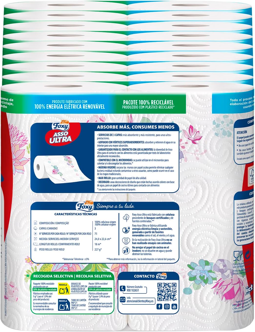 Detalle 2 de Foxy Asso Ultra Papel Cocina, 18 Rollos, 3 Capas