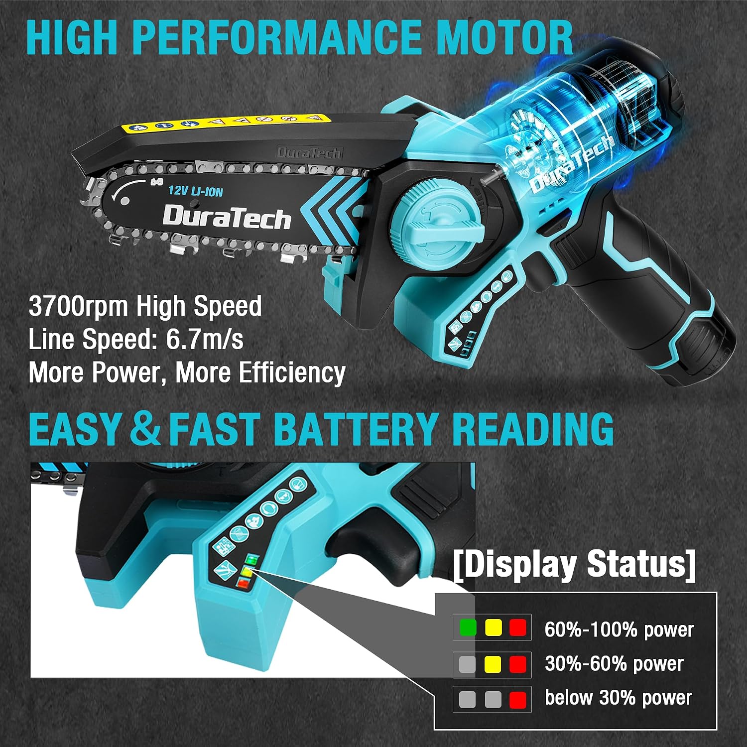 Detalle de DURATECH Mini Motosega a batteria 12 V con 2 batterie da 2,0 Ah e 2 catene