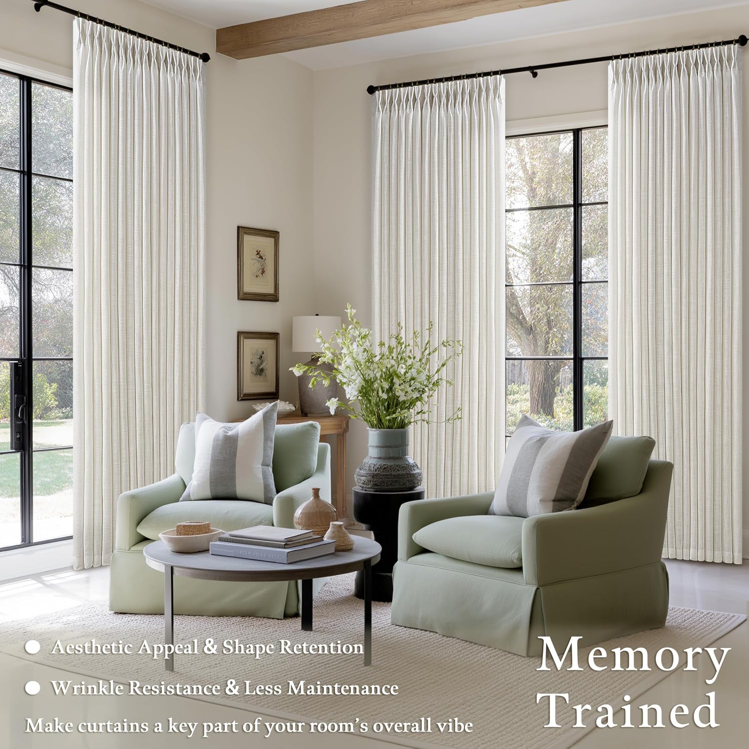 Detalle 2 de Pinch Pleated 90 Inch Linen Curtains (2 Panels Set) — Pinch Pleat Drapes for Track System, Light Filtering Semi Sheer