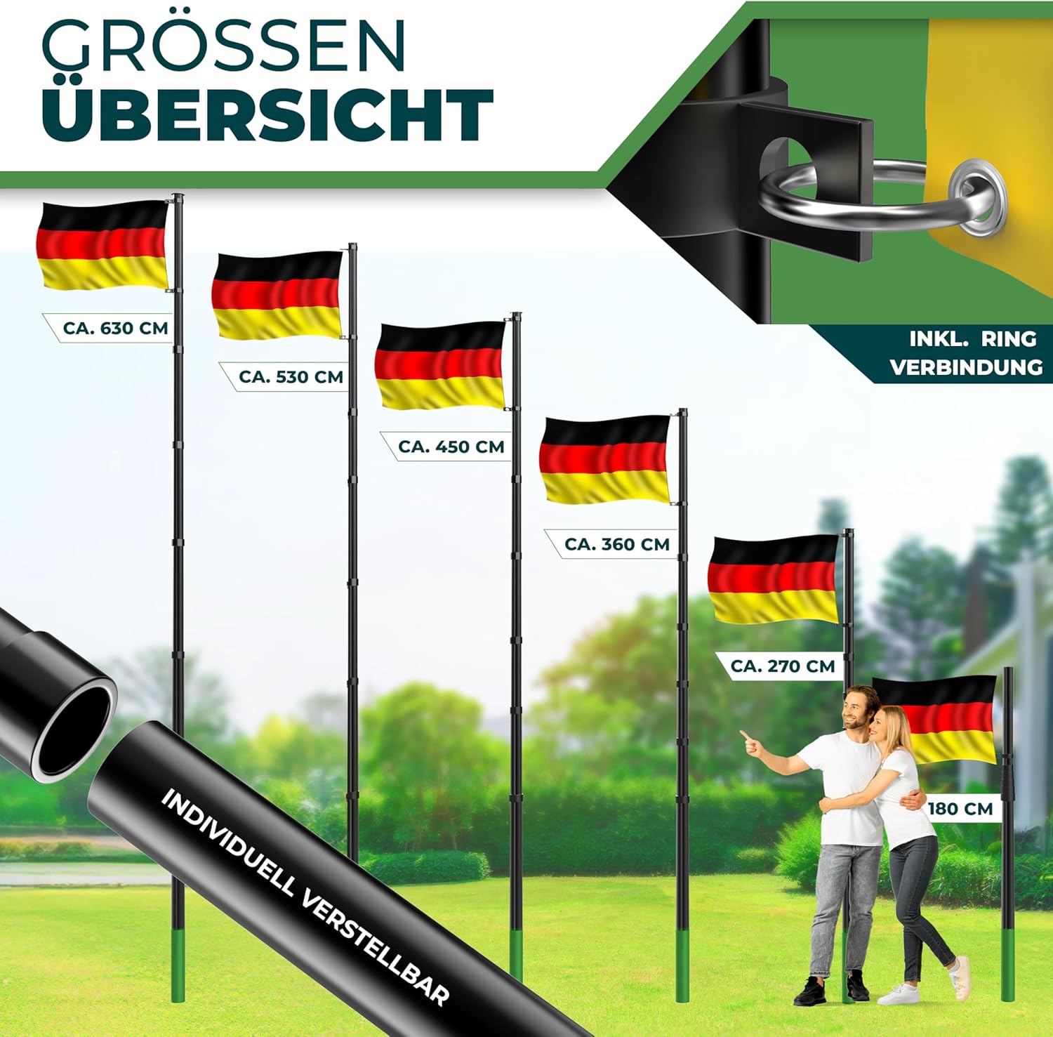 Detalle de KESSER® Teleskop Fahnenmast aus Aluminium (6,30 m) mit Bodenhülse 60 cm – höhenverstellbar inkl. Deutschlandfahne, schwarz