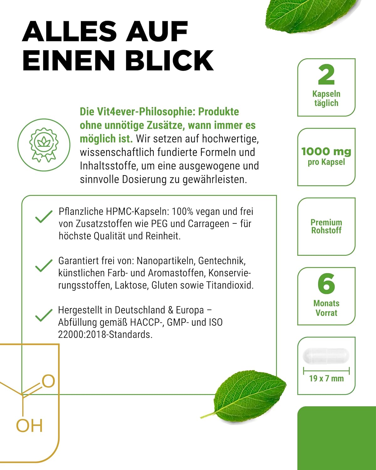 Detalle de vit4ever Glycin 365 Kapseln – hochdosiertes L-Glycin (2000 mg/Tag) vegan