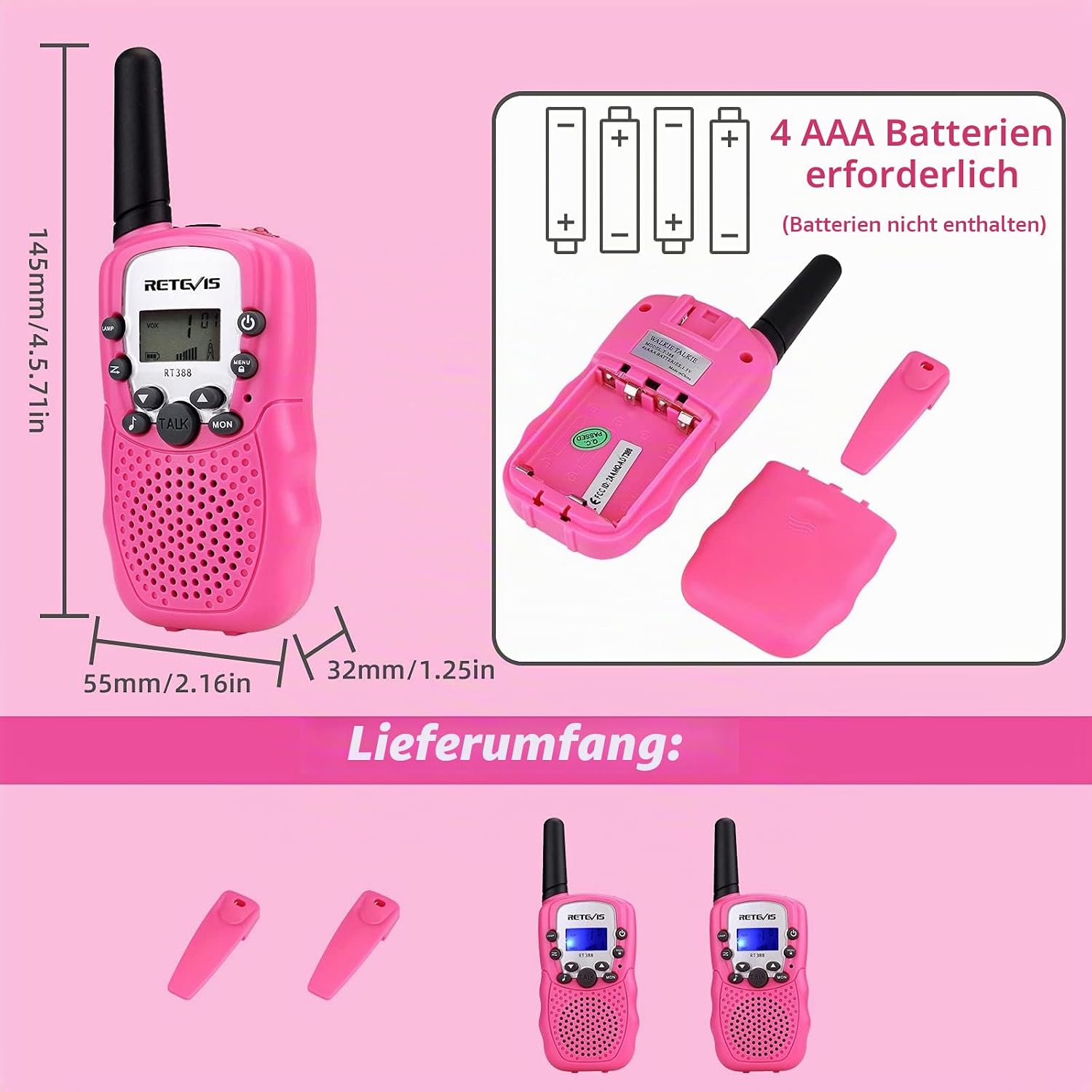 Thumbnail 6 de Retevis RT388 Walkie Talkie Kinder – 8 Kanäle, Taschenlampe, VOX, 2er Pack, Rosa