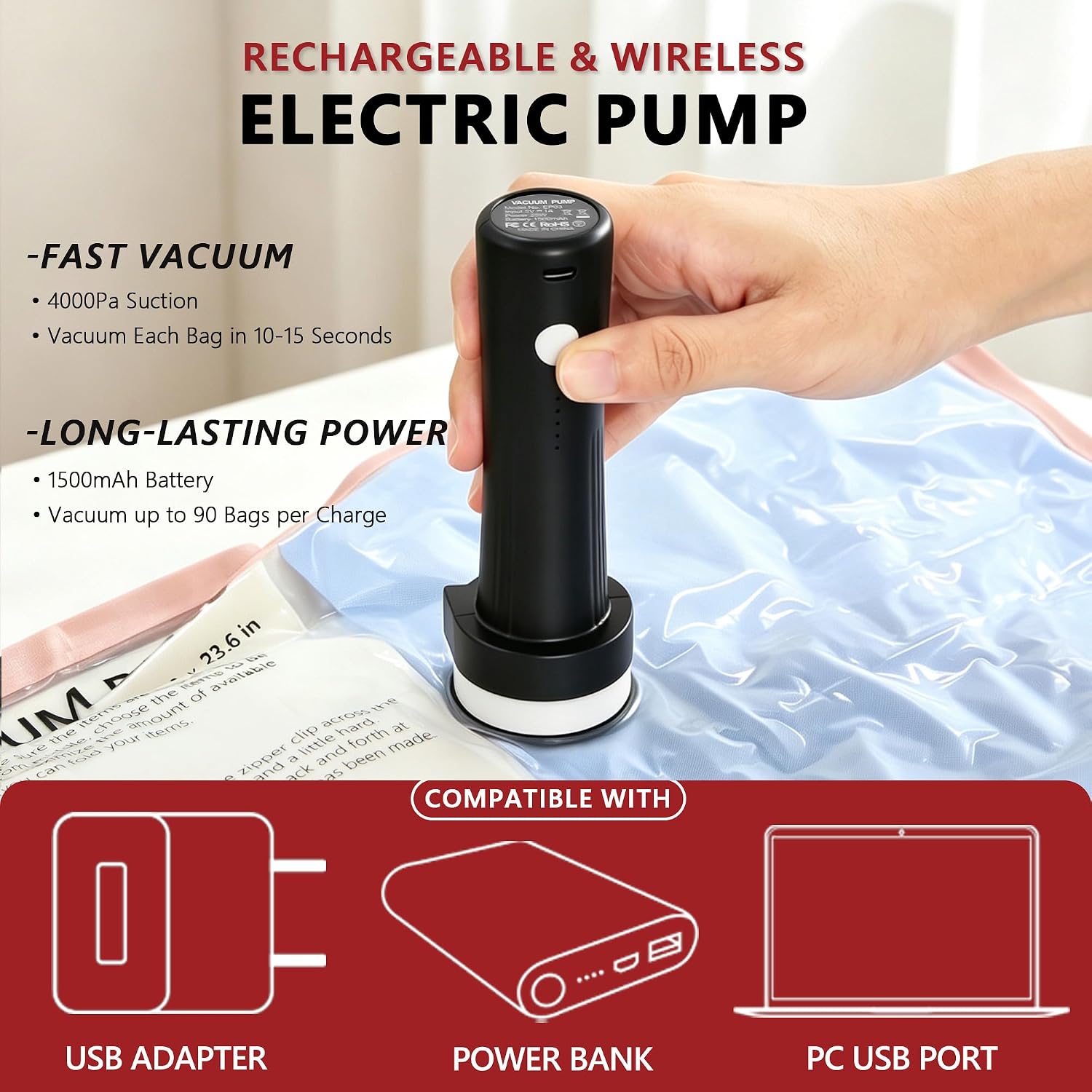 Detalle 1 de Travel Vacuum Bags with Cordless Pump, 18-Piece Set