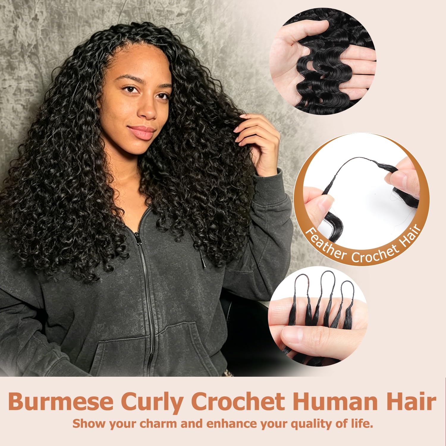 Detalle de Burmese Curly Crochet Human Hair for Black Women, 18 Inch, 125g, 100 Strands Pre-Separated Feather Crochet Hair (Natural Black)