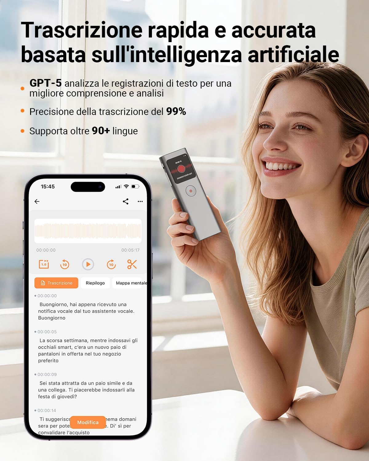 Thumbnail 2 de NUASI Registratore Vocale AI 64GB: registrazione, trascrizione e riassunti con supporto multilingue