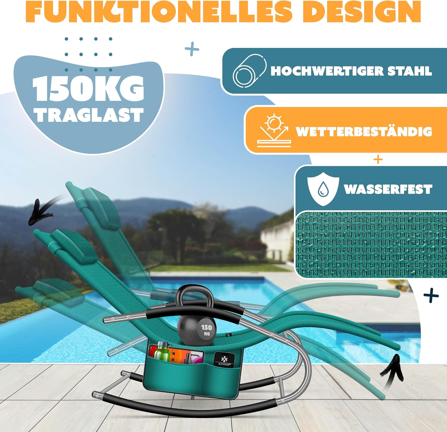 Thumbnail 4 de KESSER® Sonnenliege Relaxliege Schwungliege – ergonomischer Schaukelsessel für den Garten, Petrolgrün