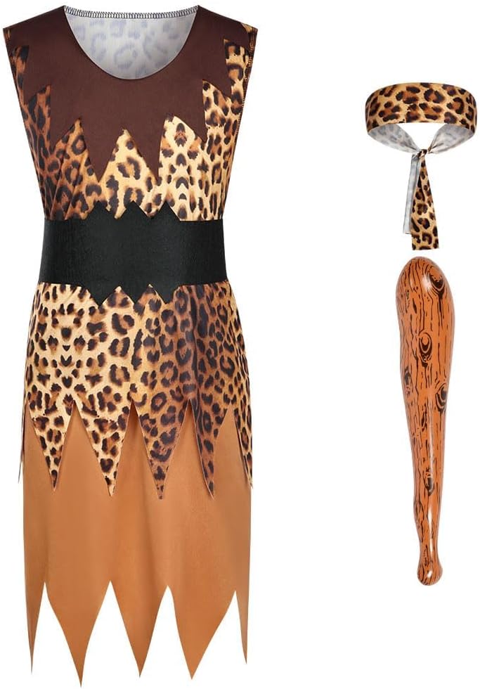 Detalle de AYBUY Costume da Cavernicolo per Bambini – Tunica leopardata con cintura e accessori