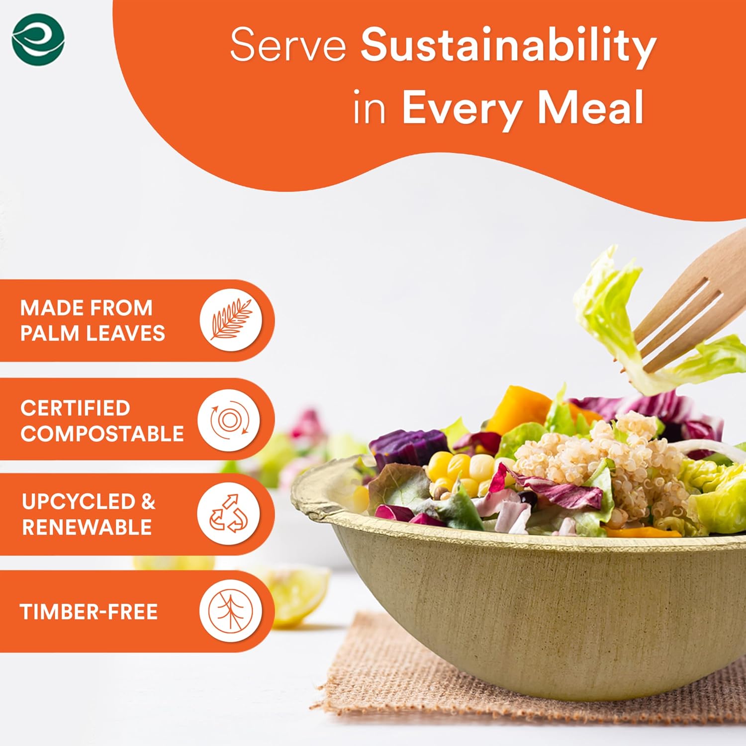 Detalle de ECO SOUL 50 Disposable Palm Leaf Bowls, 6 inch (16oz / 475ml) compostable round bamboo-style bowls