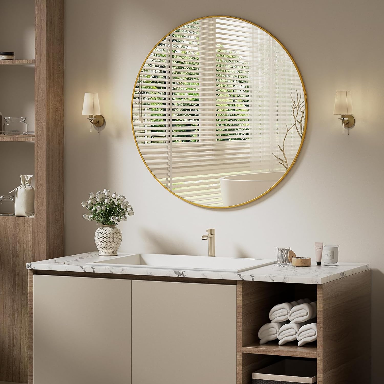 Detalle de BEAUTYPEAK 90 cm runder Wandspiegel mit Aluminiumrahmen (gold) – bruchsicheres Glas für Bad, Schlafzimmer & Wohnzimmer