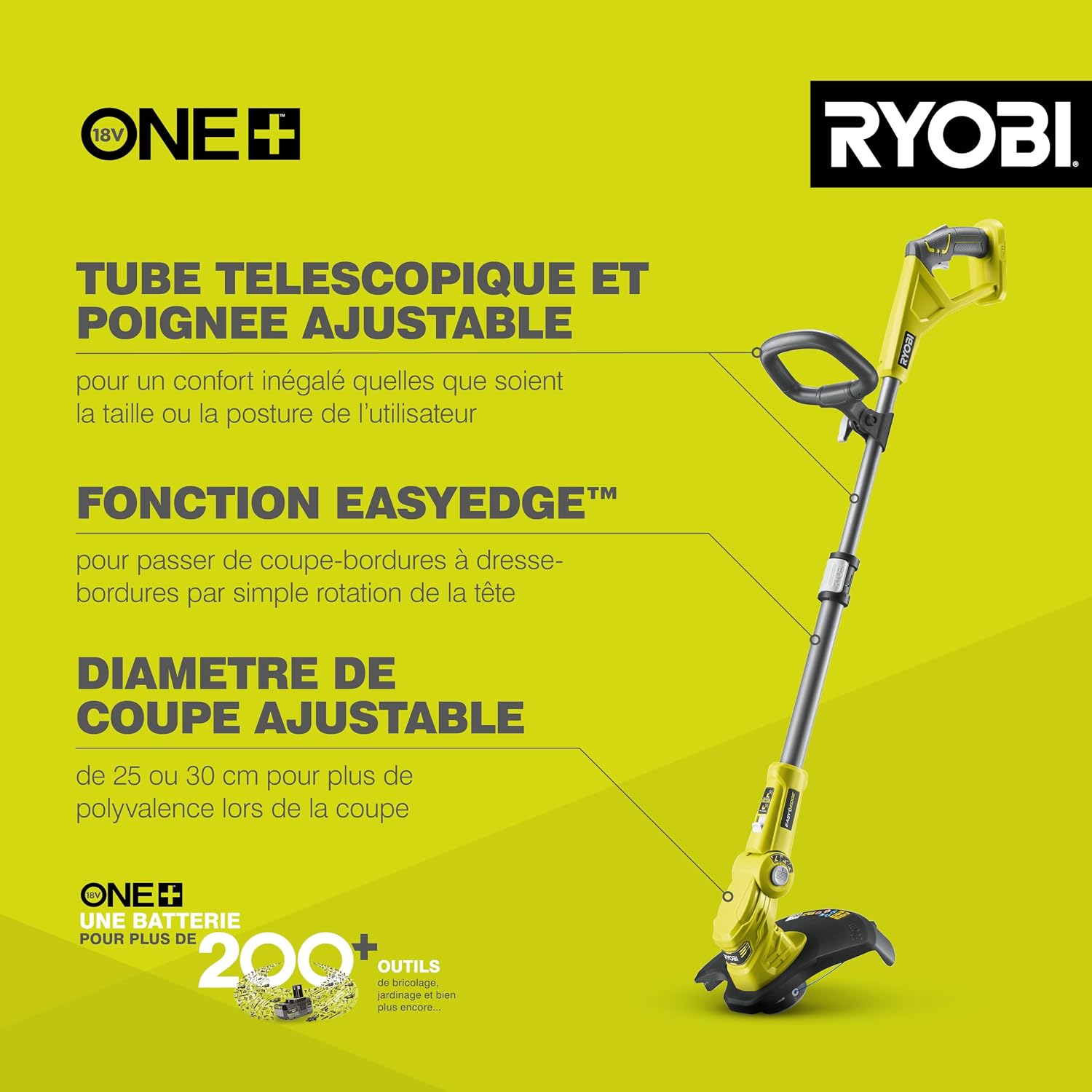 Thumbnail 1 de RYOBI - Coupe-bordures sans fil 18V One+ OLT1832 (Ø25-30 cm), hauteur télescopique et mode dresse-bordure