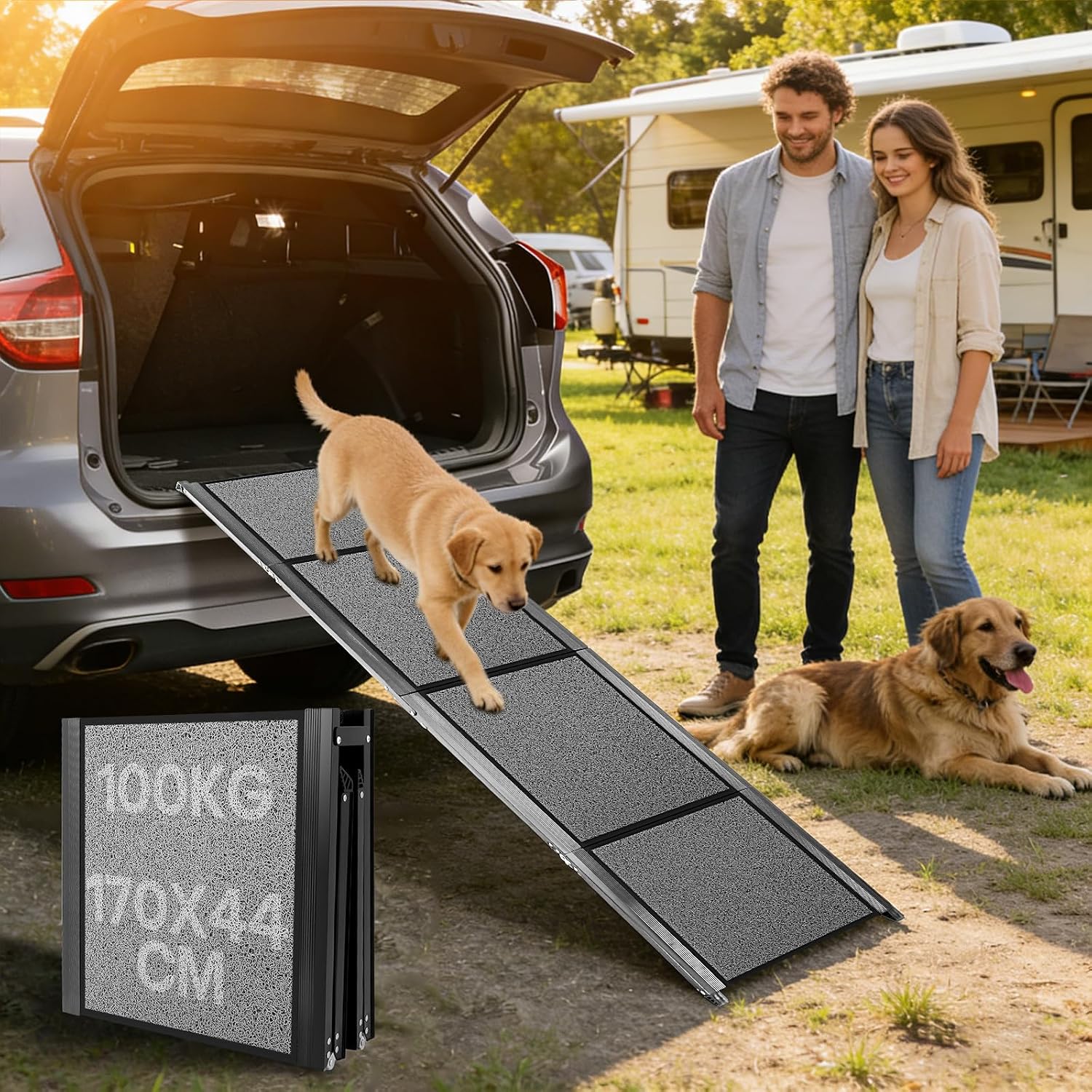 Detalle de Hunderampe Auto Klappbar aus Aluminium, bis 100 kg belastbar – 170 x 44 cm, rutschfeste Teppichoberfläche