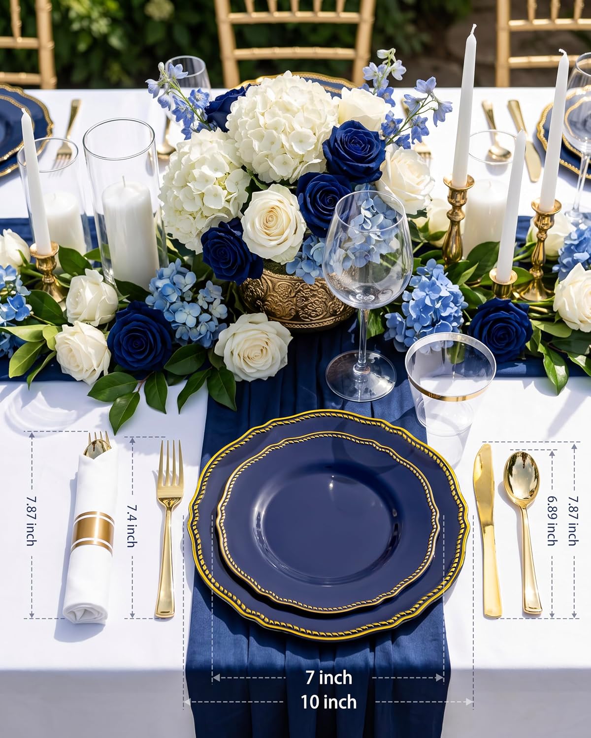 Detalle de Hioasis 350pcs Blue and Gold Plastic Plates Set for Weddings and Events