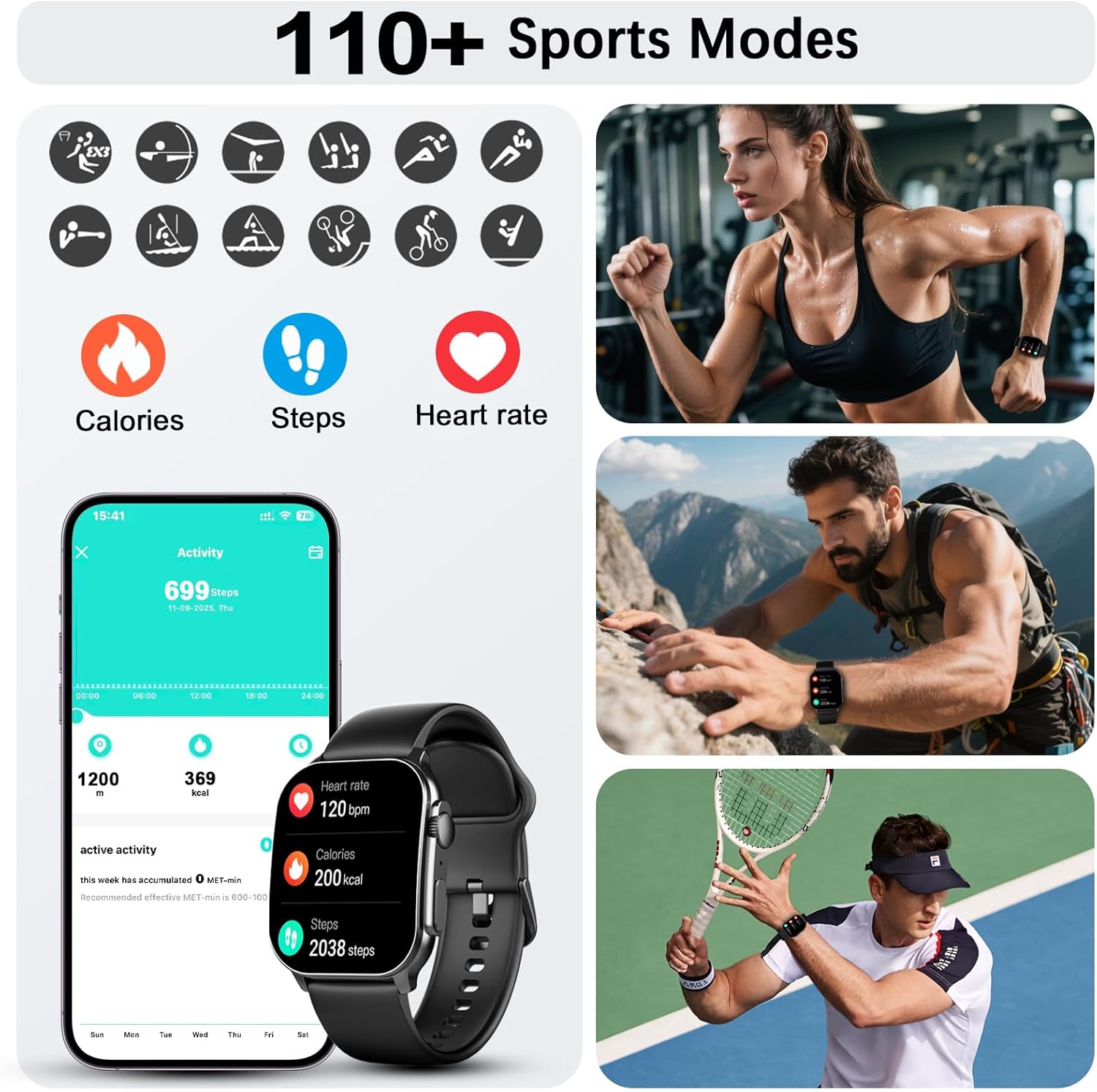 Detalle 2 de Smart Watch for Men & Women: 2.01" AMOLED Curved Screen, 110+ Sports Modes, Bluetooth Calling