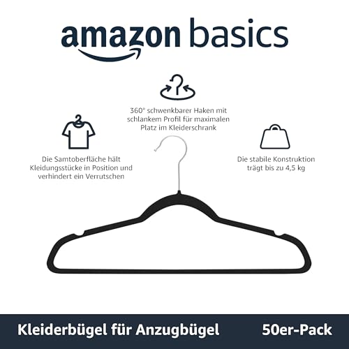 Detalle de Amazon Basics Schmale, rutschfeste Kleiderbügel – 50er-Pack, Schwarz