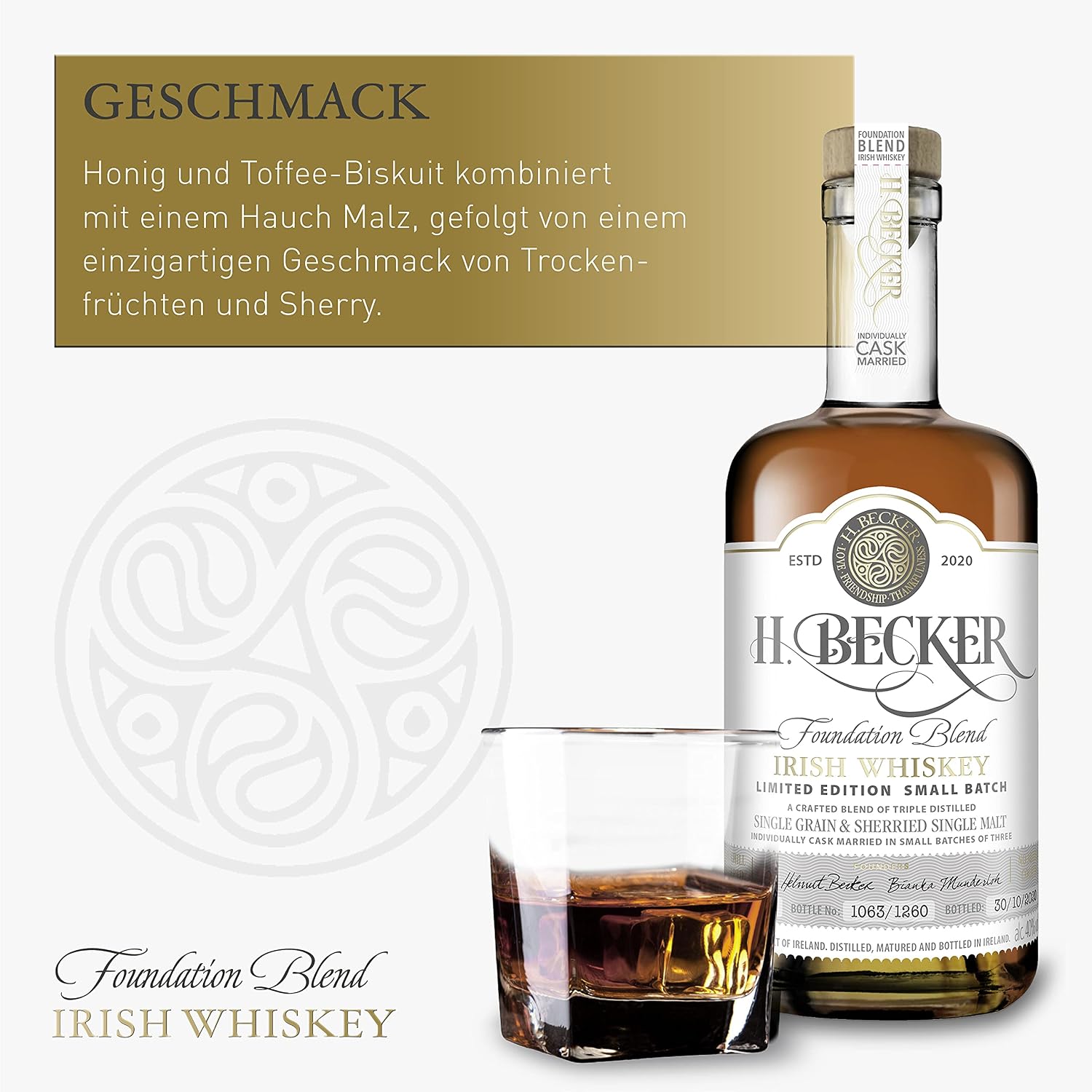 Detalle 2 de H. Becker Irish Whiskey Foundation Blend I – Limitierter Small Batch, 0,7 L, 40% Vol.