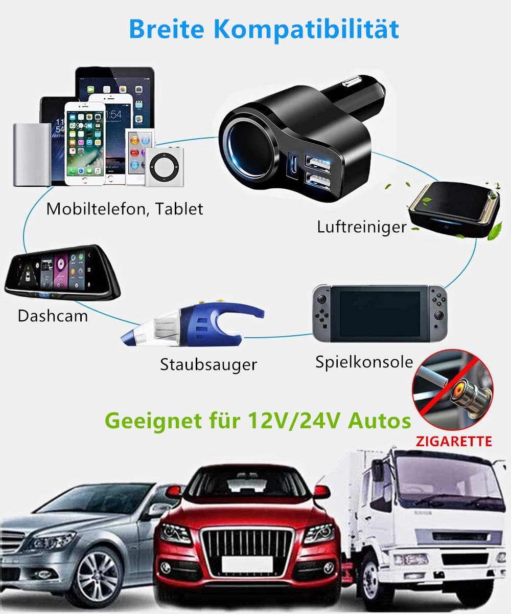 Detalle de 168W Zigarettenanzünder USB‑C Verteiler (4‑in‑1) – PD 3.0 Auto‑Ladegerät für iPhone, iPad & Dashcam