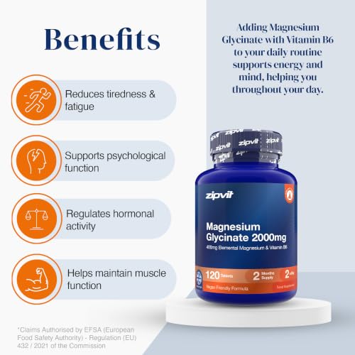 Detalle de Zipvit Magnesium Glycinate 2000mg with Vitamin B6 – 120 Vegan Tablets