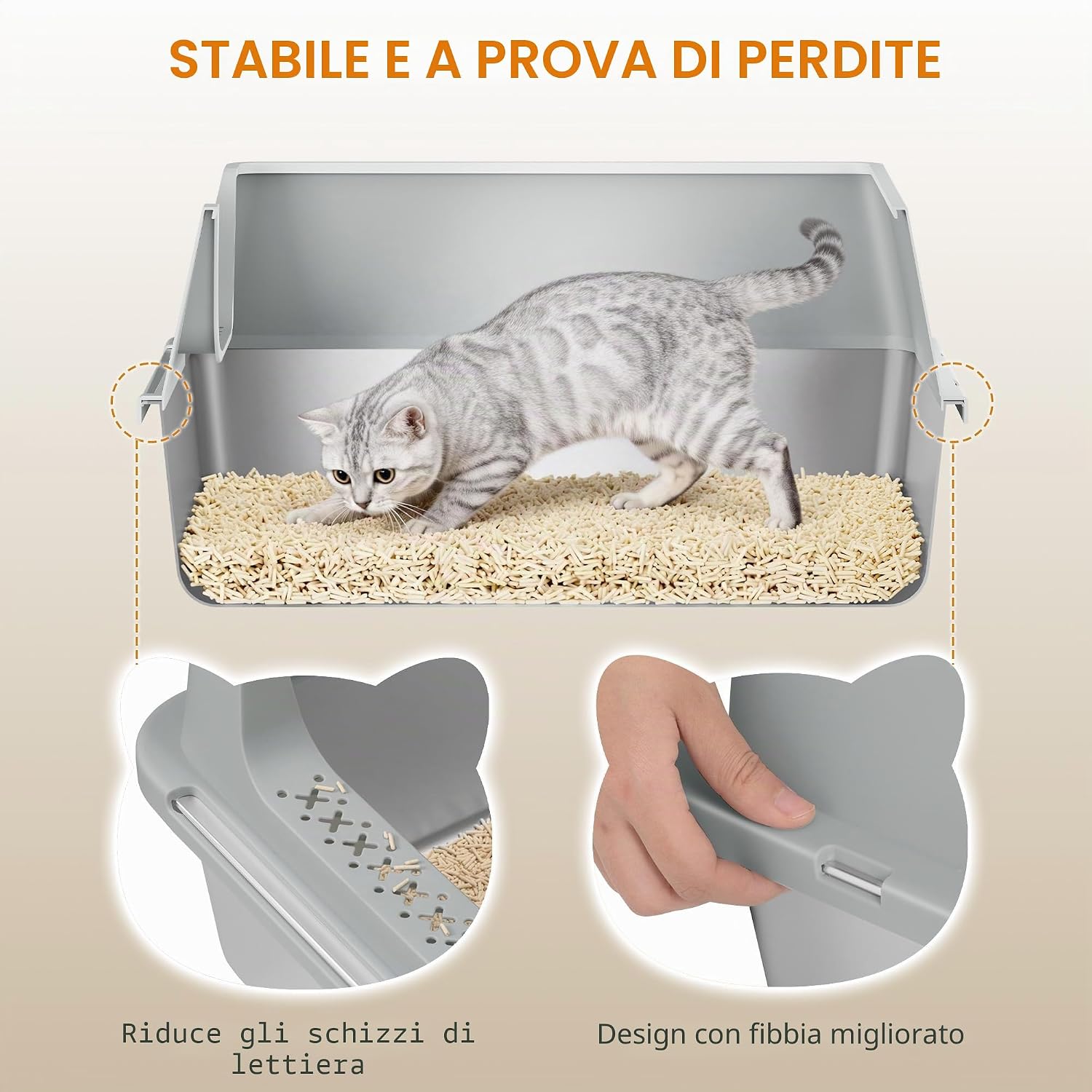 Detalle de Lettiera in Acciaio per Gatti XXL Fobyfurny – 60,5 × 40 × 29 cm, 36 L, Bordo Alto 15 cm, Inox