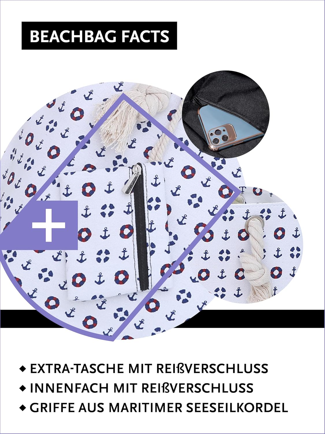 Detalle de DonDon Strandtasche XXL mit Reißverschluss – Umhängetasche/Shopper mit Innenfach und Mini-Tasche