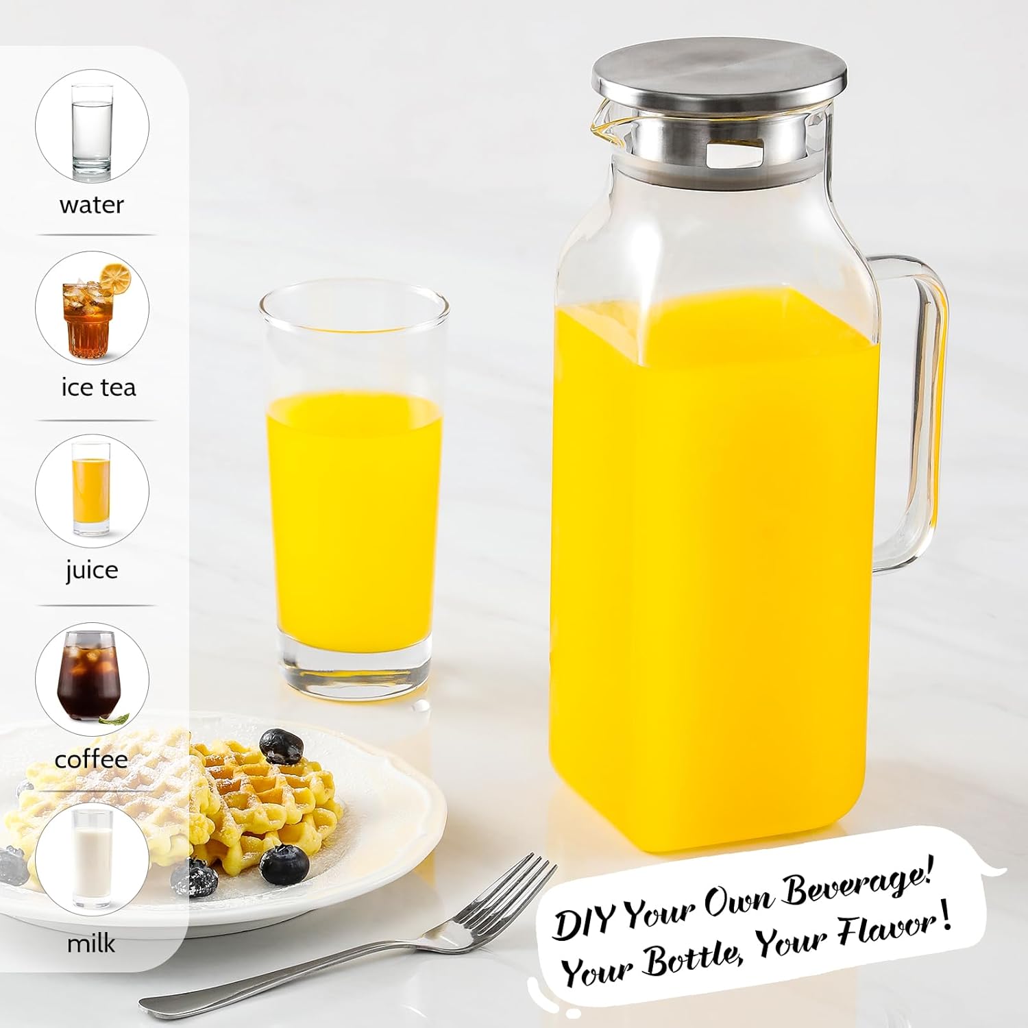 Thumbnail 1 de 2 Quart (68 oz) Square Borosilicate Glass Pitcher with Lid & Spout — Square Fridge Carafe for Hot/Cold Drinks