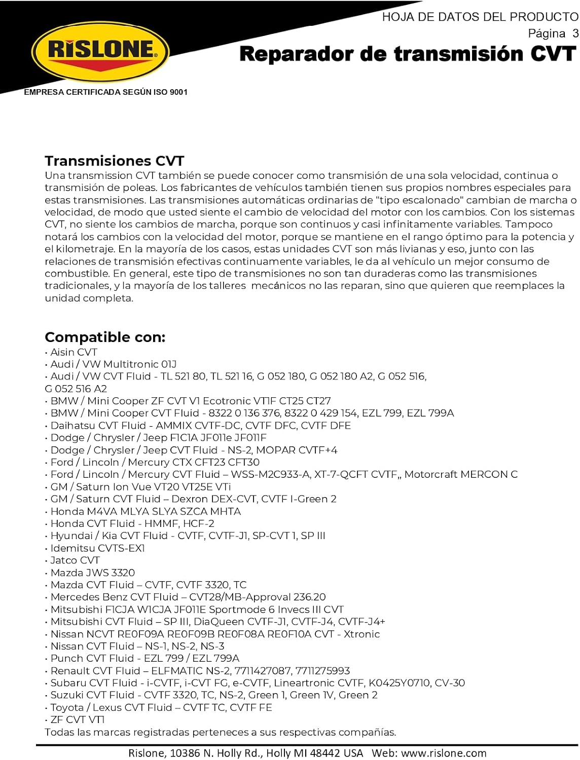 Detalle 2 de RISLONE CVT Transmission Fix additive for judder, noise and belt slip