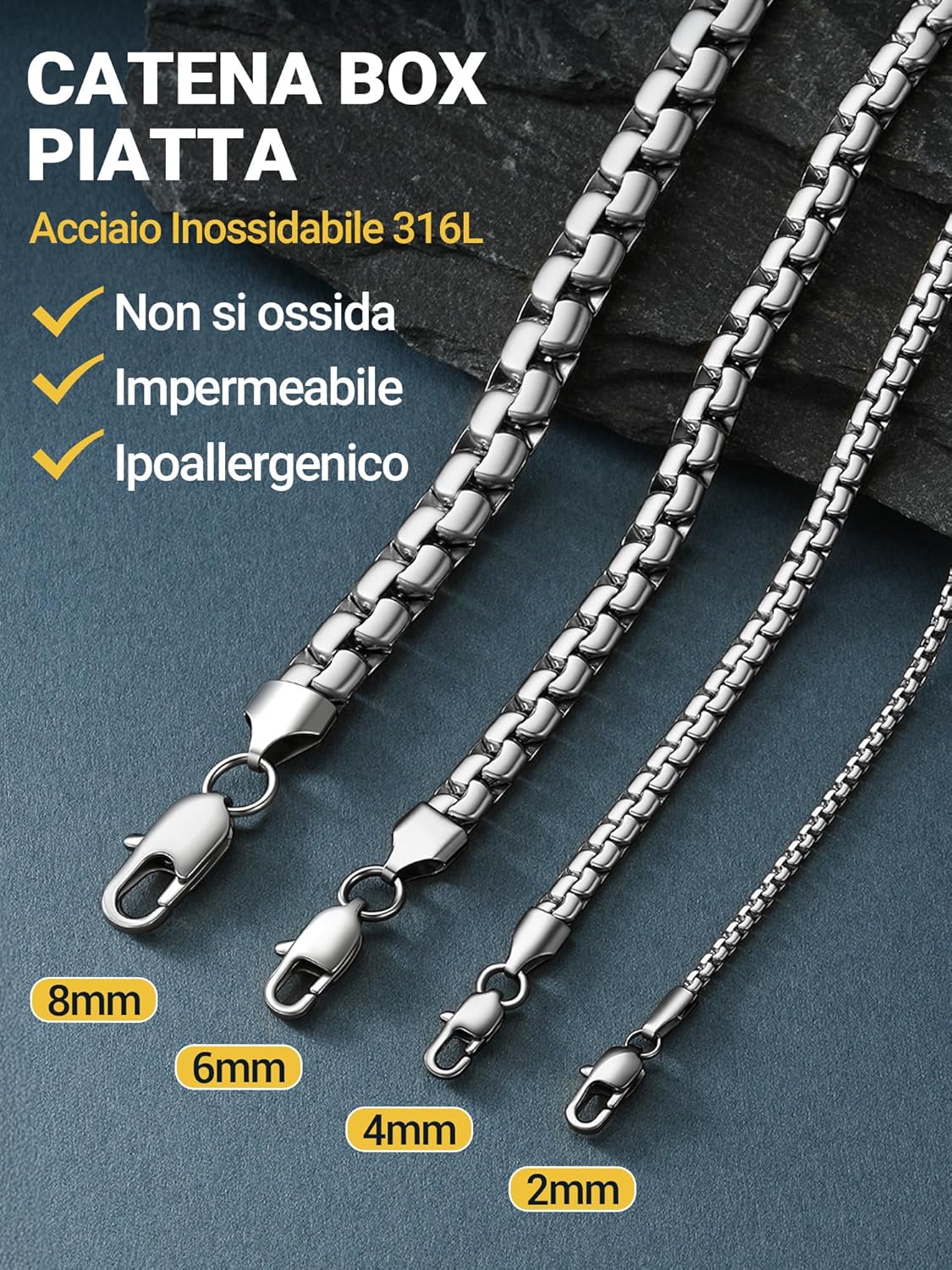 Thumbnail 4 de PROSTEEL Uomo Collana Catena Scatola Piatta Grande Robusta Sottile | 4/6 mm in acciaio inox 316L con opzioni argento, nero o oro 18K – confezione regalo