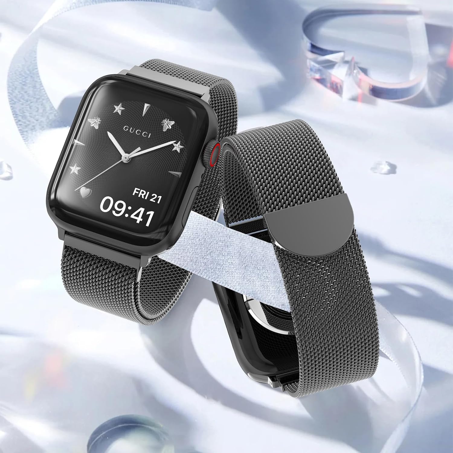 Detalle 2 de OULUOQI Classic semicircle Strap Stainless Steel Mesh Apple Watch Band, Black