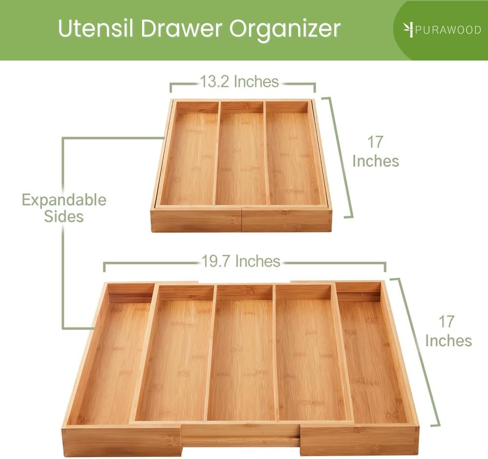 Thumbnail 2 de Purawood Kitchen Drawer Organizer - Expandable Bamboo Silverware Tray (3-5 Slots)
