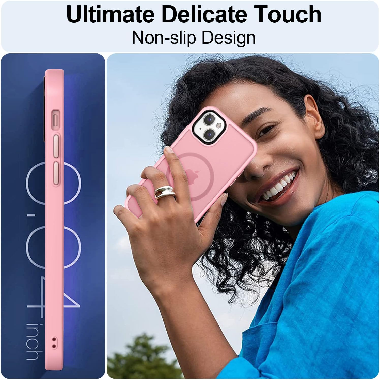 Detalle de MOCCA Strong Magnetic iPhone 13 Case (6.1") with MagSafe Support + Screen & Camera Lens Protectors, Pink (Translucent Matte Slim)