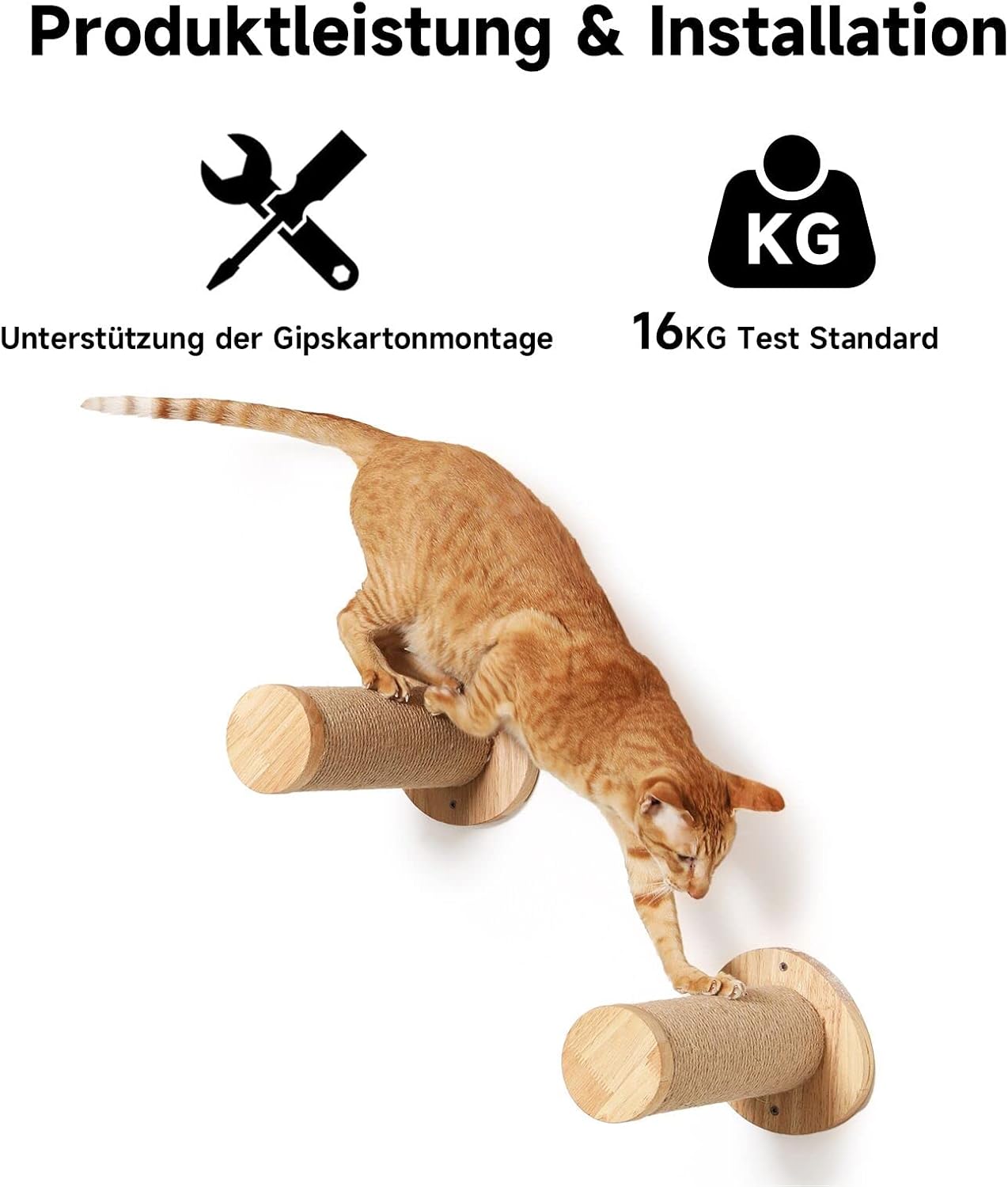 Detalle de FUKUMARU Katzentreppe Wand – Kletterstufe (2er-Pack) aus Gummibaumholz mit Sisal-Pfosten