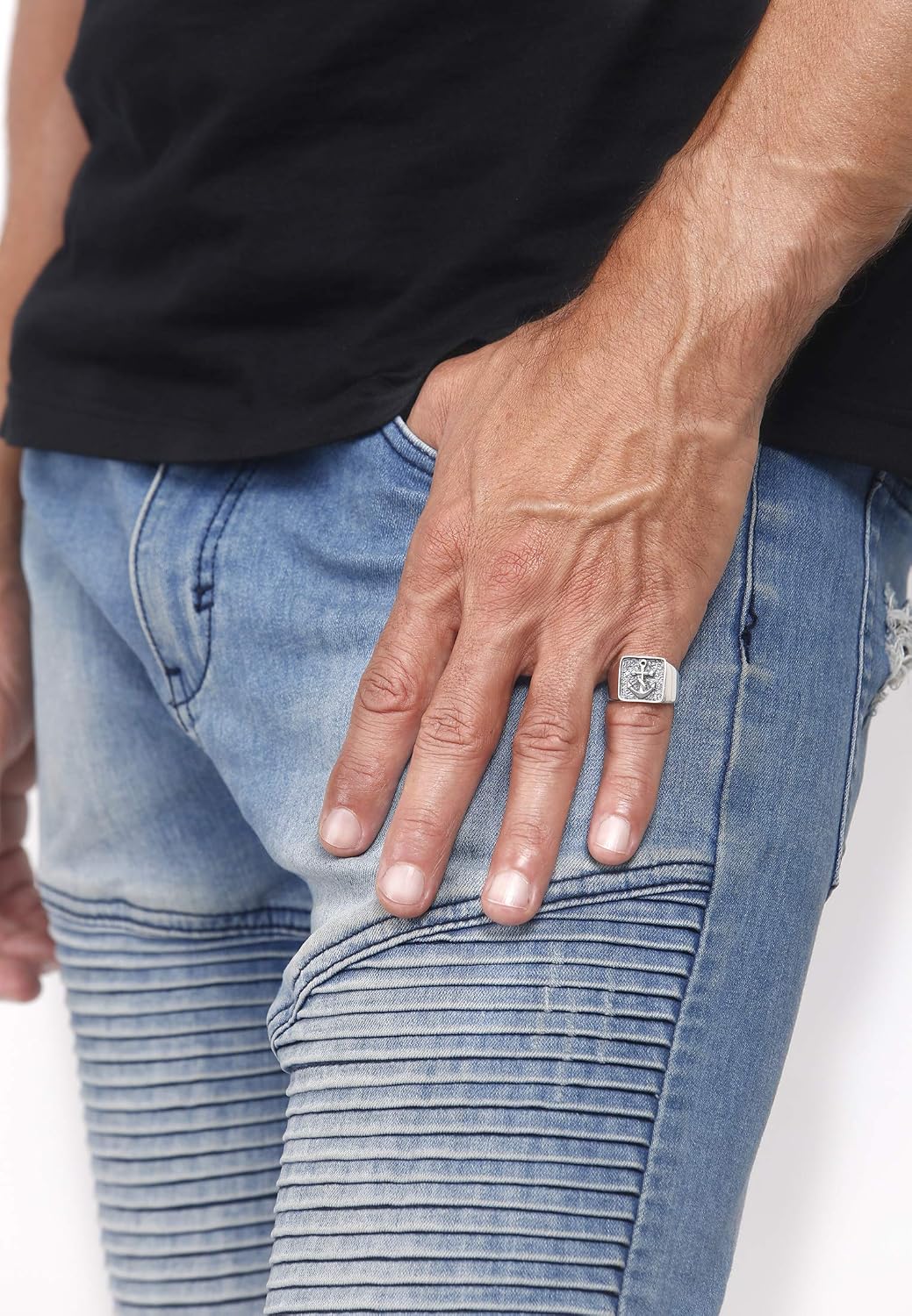 Detalle de Kuzzoi Siegelring für Herren – massiv, 14 mm breit aus 925 Sterling Silber, schwarz oxidiert mit Ankersymbol (Ringgröße 60–66)