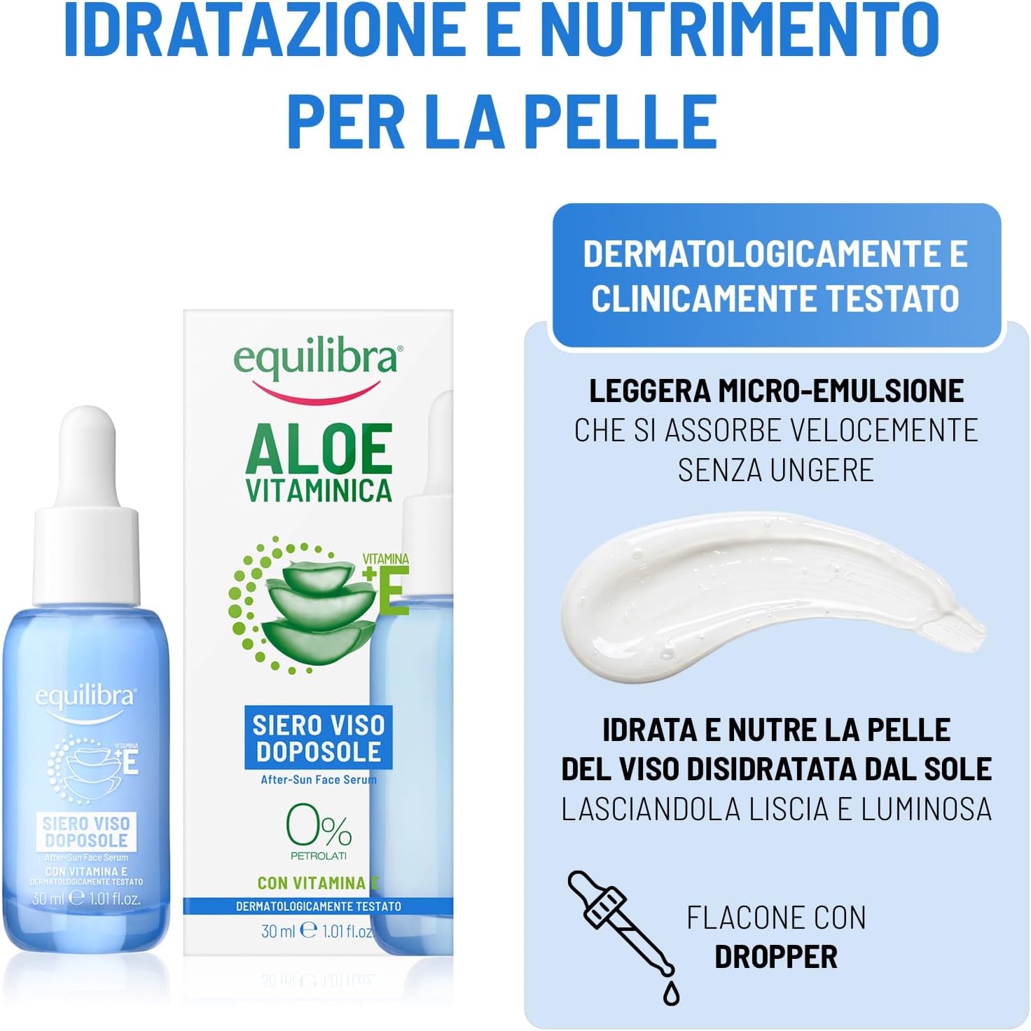 Detalle de Equilibra Siero Viso Doposole 30 ml – Aloe Vera 40%, Vitamina E e Olio di Mandorle Dolci