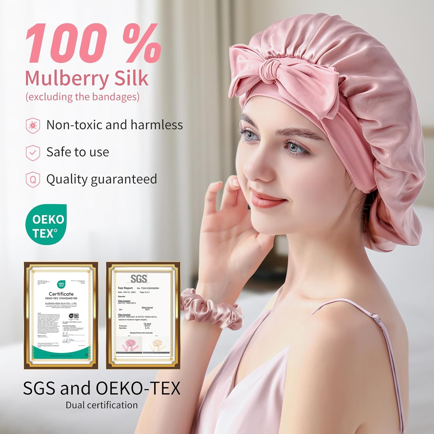 Detalle 2 de Silmana Silk Bonnet for Sleeping Women – 22 Momme 100% Mulberry Silk, double-layer wrap