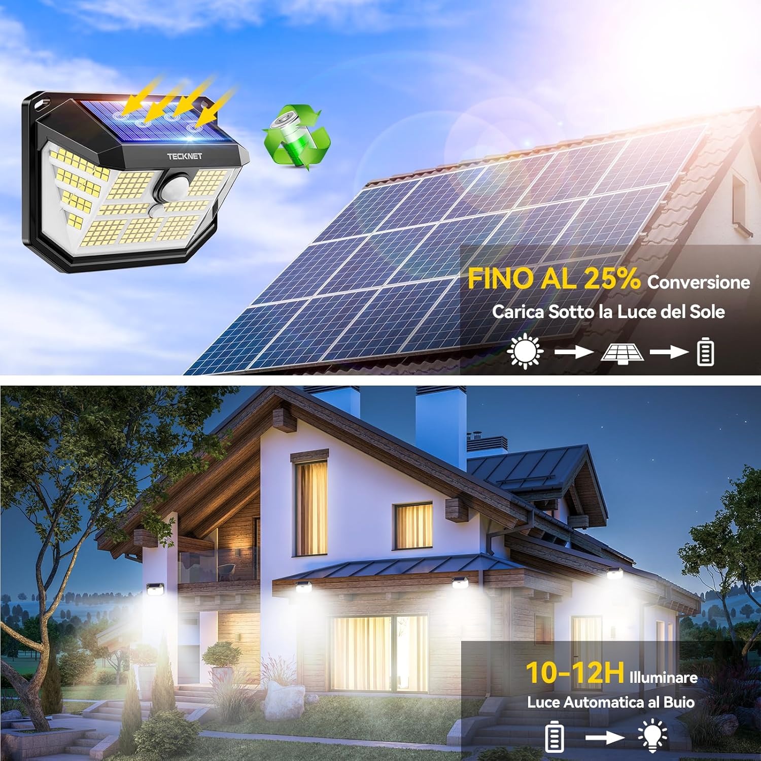 Detalle de TECKNET Luci Solari Esterno 231 Faretti LED (4 pezzi) con Sensore PIR, 300° IP65