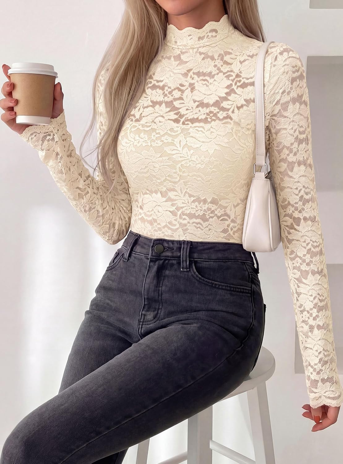 Detalle 1 de PRETTYGARDEN Lace Top, Mock Neck