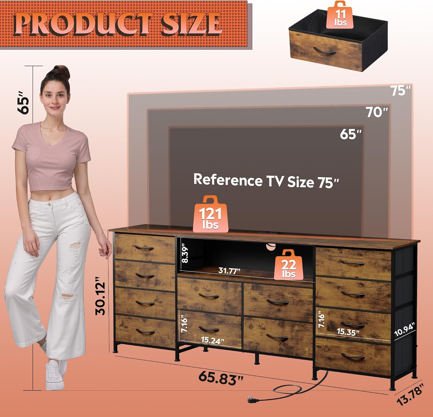 Thumbnail 1 de WLIVE 12-Drawer Dresser with LED Lights and TV Stand for 65–75 Inch Televisions