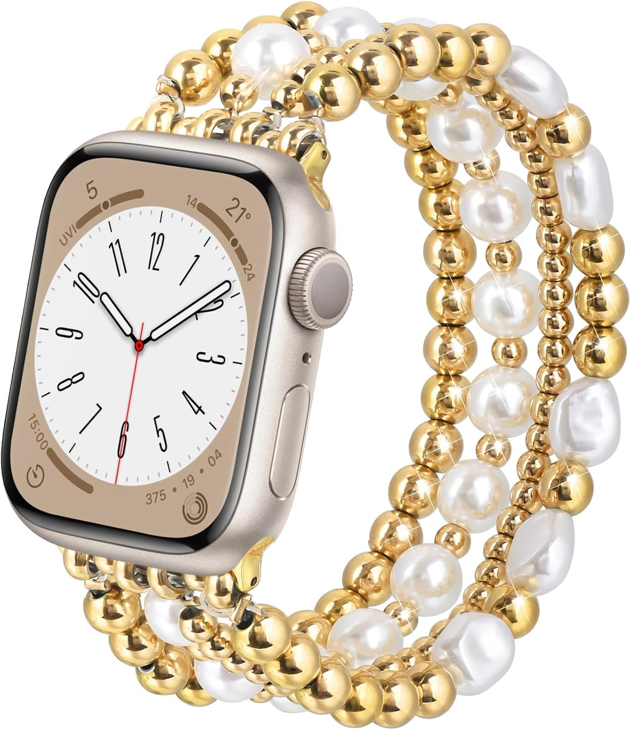 Detalle de V.R.HOPE Perlen-Armband für Apple Watch (44/45/46/49 mm) – elastisches Band mit Gold-Perlen