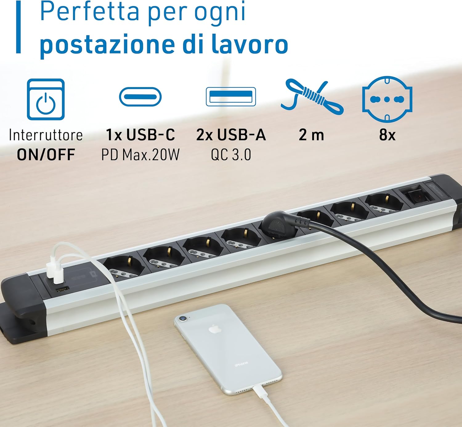 Detalle de Electraline 61922 Alu-Line: Multipresa 8 Posti con USB PD, Schuko e Interruttore luminoso