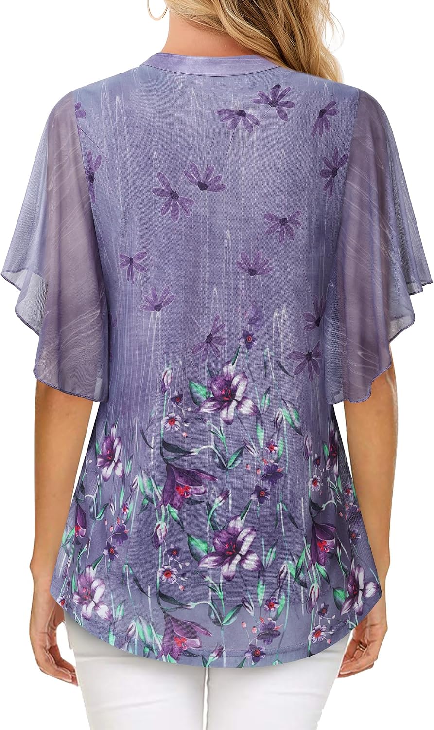 Detalle 2 de Vafoly Damen Bluse Kurzarm Tunika mit V-Ausschnitt und Mesh-Optik